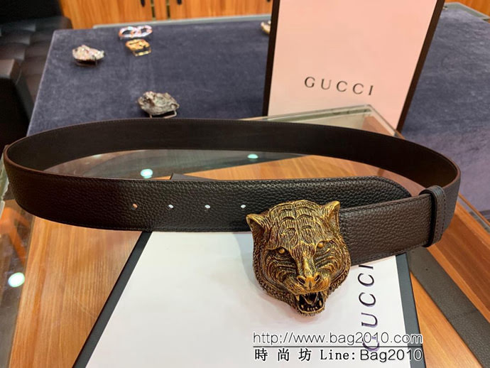 GUCCI古馳 官網爆款 正品規格 原單品質 進口荔枝紋 古金老虎扣頭 男士皮帶  xfp1321